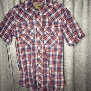 Wrangler Western Shirt Mens S Red Blue Plaid Pearl Snap Short Sleeve